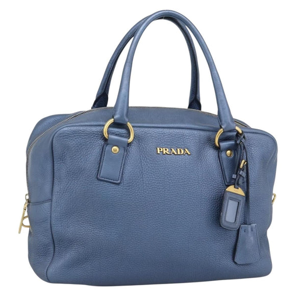 PRADA Hand Bag Leather Blue Gold Auth 183765V