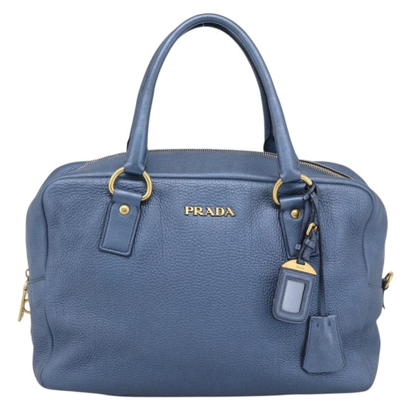 PRADA Hand Bag Leather Blue Gold Auth 183765V