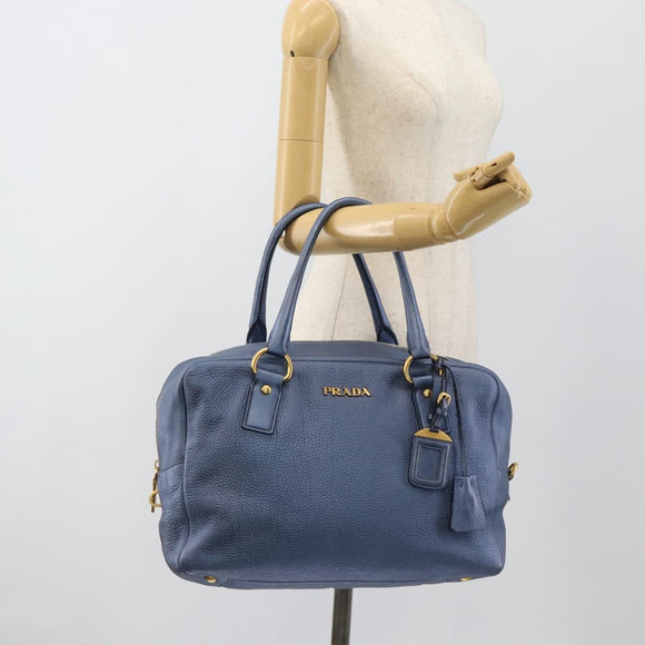 PRADA Hand Bag Leather Blue Gold Auth 183765V
