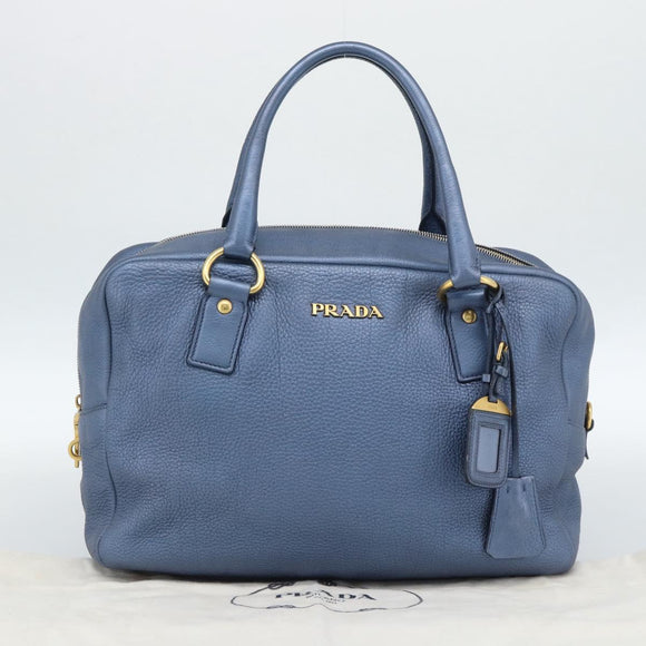 PRADA Hand Bag Leather Blue Gold Auth 183765V
