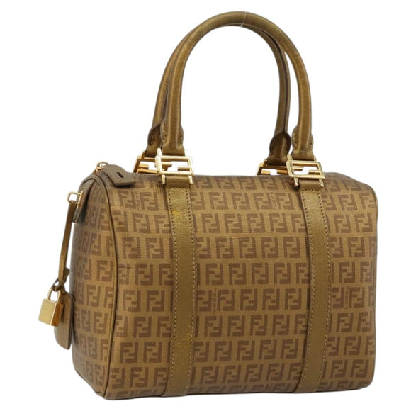 FENDI Zucchino Canvas Boston Bag Beige Gold Auth 183766A