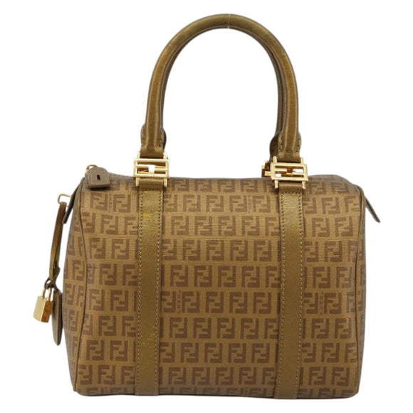 FENDI Zucchino Canvas Boston Bag Beige Gold Auth 183766A