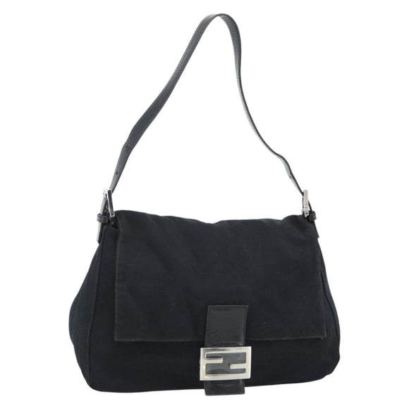 FENDI Mamma Baguette Shoulder Bag Cotton Jersey Black Silver Auth 183767