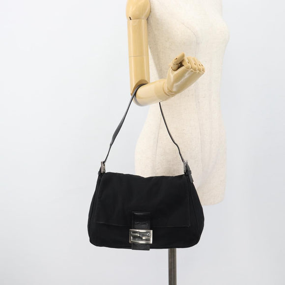 FENDI Mamma Baguette Shoulder Bag Cotton Jersey Black Silver Auth 183767