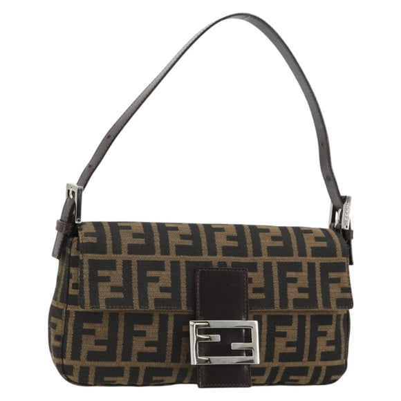 FENDI Zucca Canvas Mamma Baguette Shoulder Bag Black Brown Silver Auth 183768SAV