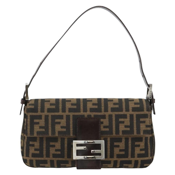FENDI Zucca Canvas Mamma Baguette Shoulder Bag Black Brown Silver Auth 183768SAV