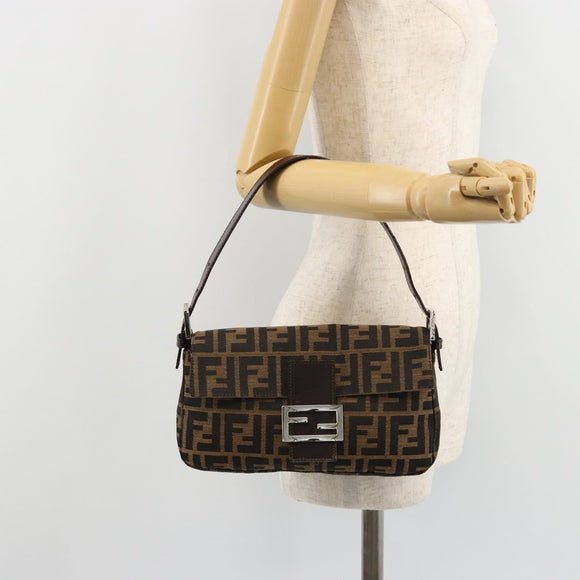 FENDI Zucca Canvas Mamma Baguette Shoulder Bag Black Brown Silver Auth 183768SAV