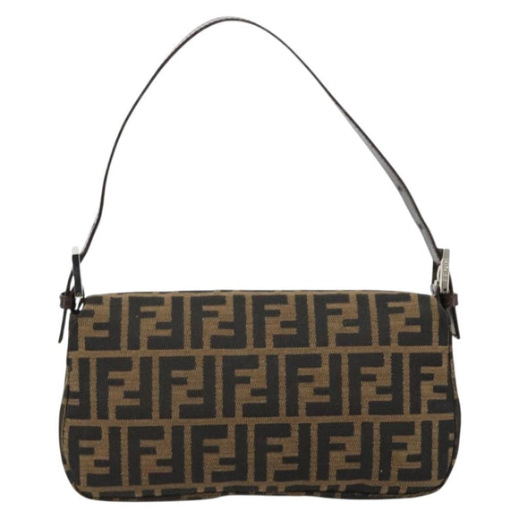 FENDI Zucca Canvas Mamma Baguette Shoulder Bag Black Brown Silver Auth 183768SAV