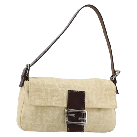 FENDI Zucca Canvas Mamma Baguette Schoudertas Beige Zilver Auth 183769SAV