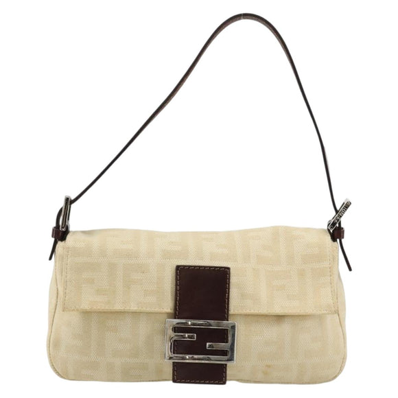 FENDI Zucca Canvas Mamma Baguette Schoudertas Beige Zilver Auth 183769SAV