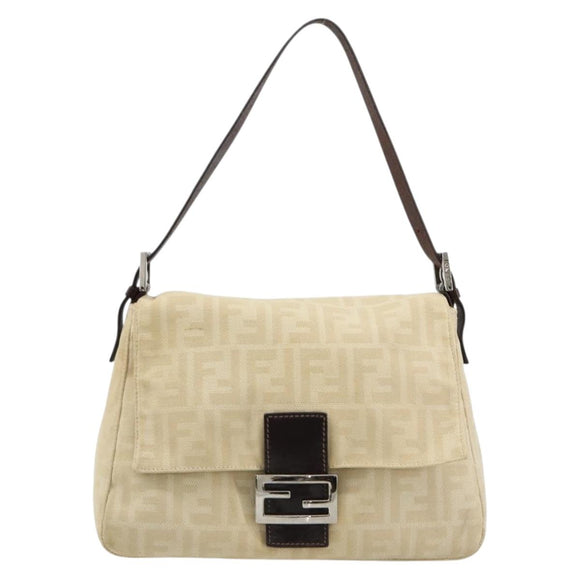 FENDI Zucca Canvas Mamma Baguette Shoulder Bag Beige Silver Auth 183770V