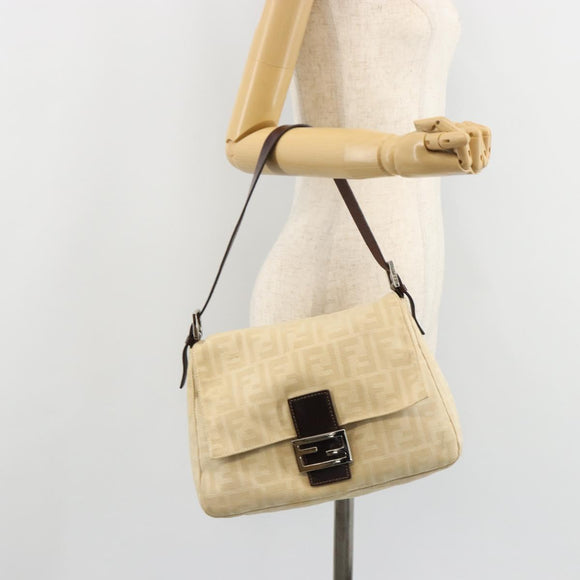 FENDI Zucca Canvas Mamma Baguette Shoulder Bag Beige Silver Auth 183770V