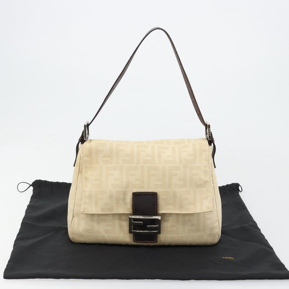 FENDI Zucca Canvas Mamma Baguette Shoulder Bag Beige Silver Auth 183770V