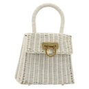 Salvatore Ferragamo Gancini Hand Bag Rattan White Gold Auth 183781A-1