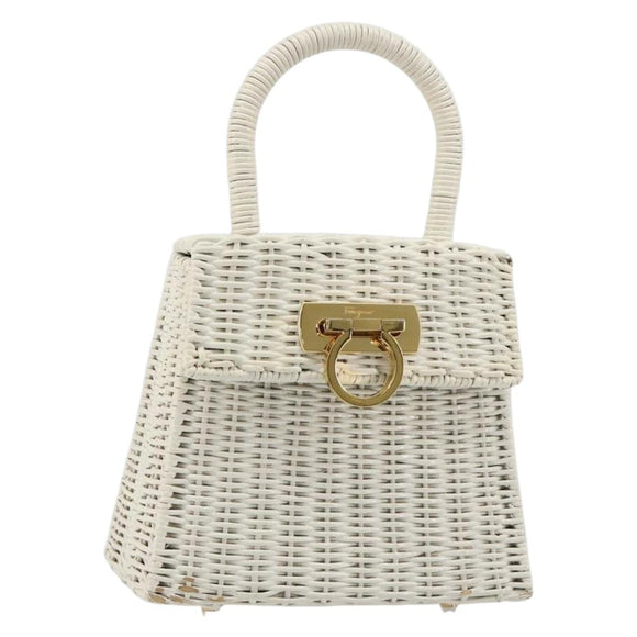 Salvatore Ferragamo Gancini Hand Bag Rattan White Gold Auth 183781A
