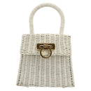 Salvatore Ferragamo Gancini Hand Bag Rattan White Gold Auth 183781A-13