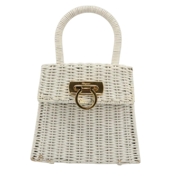 Salvatore Ferragamo Gancini Hand Bag Rattan White Gold Auth 183781A