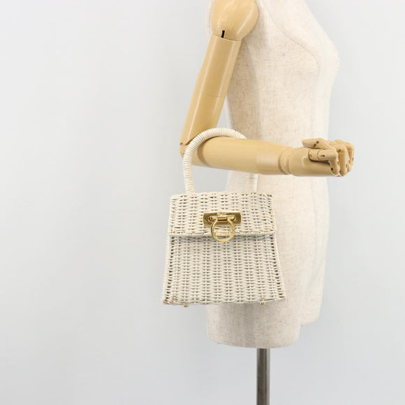 Salvatore Ferragamo Gancini Hand Bag Rattan White Gold Auth 183781A