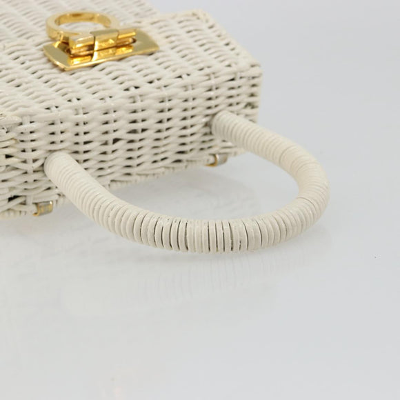 Salvatore Ferragamo Gancini Hand Bag Rattan White Gold Auth 183781A