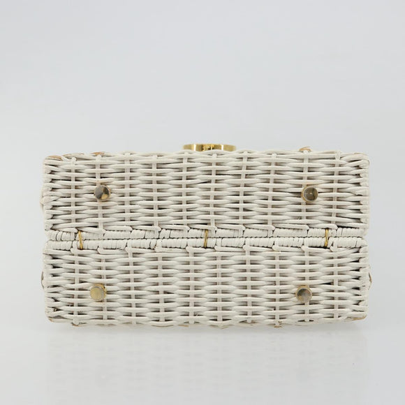Salvatore Ferragamo Gancini Hand Bag Rattan White Gold Auth 183781A