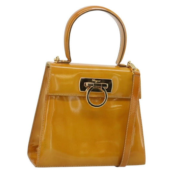 Salvatore Ferragamo Gancini Handtasche Lackleder 2-Wege Goldgelb Auth 183782