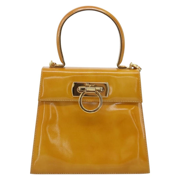 Salvatore Ferragamo Gancini Handtasche Lackleder 2-Wege Goldgelb Auth 183782