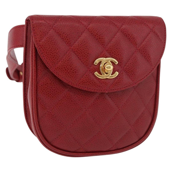 CHANEL Waist bag Caviar Skin Red Gold CC Auth 183792V