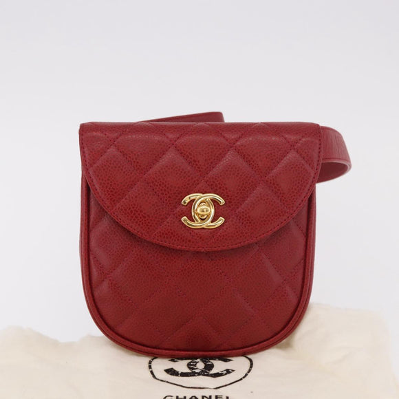 CHANEL Waist bag Caviar Skin Red Gold CC Auth 183792V