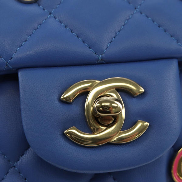 CHANEL Mini Matelasse 20 Chain Shoulder Bag Lamb Skin Blue Gold CC Auth 183794SM
