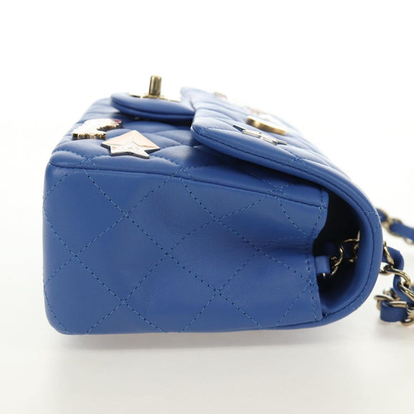 CHANEL Mini Matelasse 20 Chain Shoulder Bag Lamb Skin Blue Gold CC Auth 183794SM