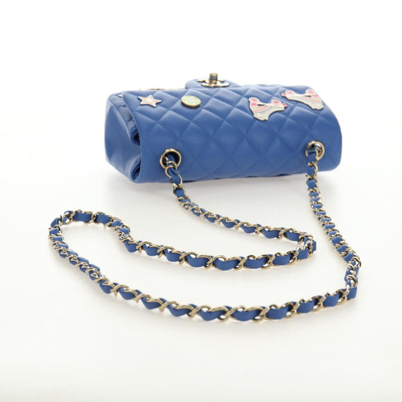 CHANEL Mini Matelasse 20 Chain Shoulder Bag Lamb Skin Blue Gold CC Auth 183794SM