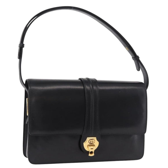 GUCCI Shoulder Bag Leather Black Gold Auth 183812V