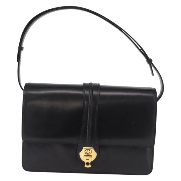 GUCCI Shoulder Bag Leather Black Gold Auth 183812V