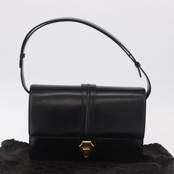 GUCCI Shoulder Bag Leather Black Gold Auth 183812V