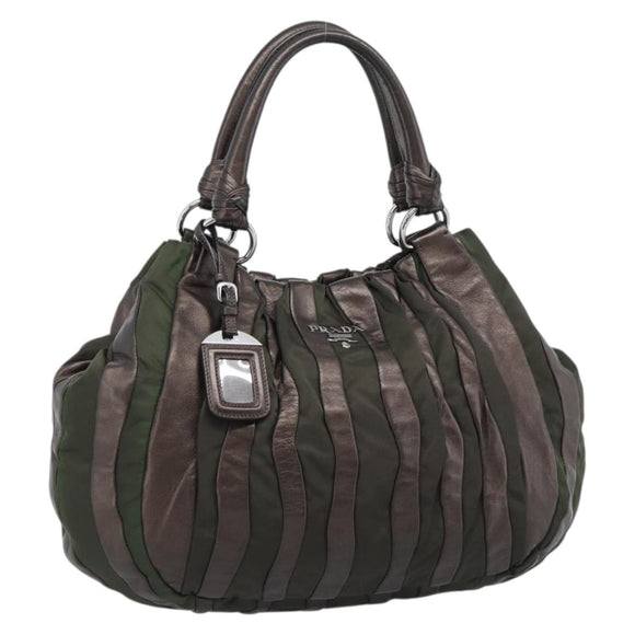PRADA Hand Bag Nylon Leather Khaki Silver Auth 183836A