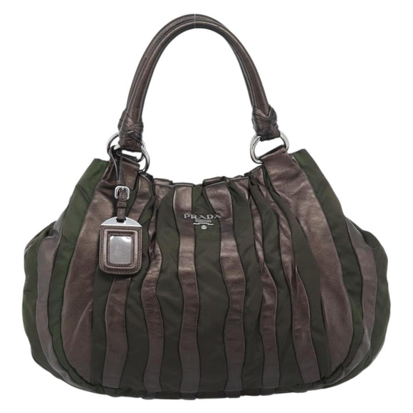 PRADA Hand Bag Nylon Leather Khaki Silver Auth 183836A