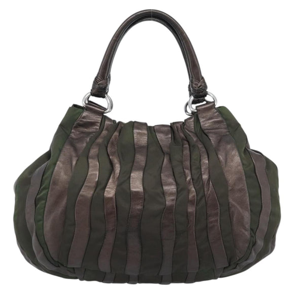 PRADA Hand Bag Nylon Leather Khaki Silver Auth 183836A