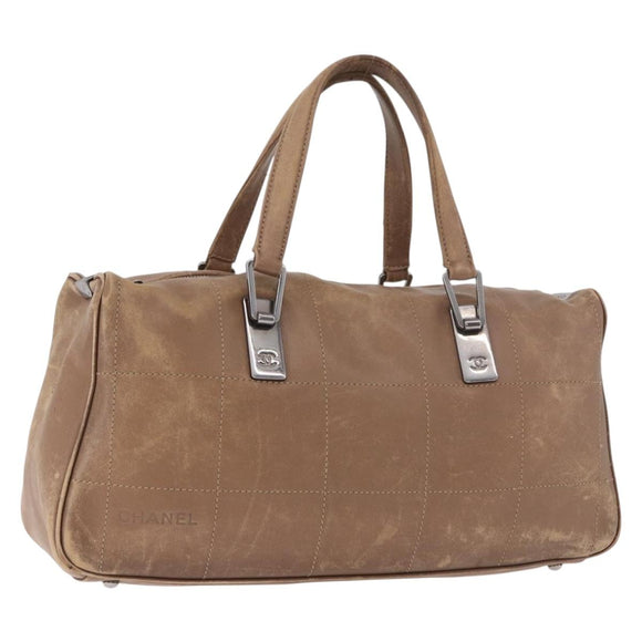 CHANEL Choco Bar Hand Bag Lamb Skin Brown Silver CC Auth 183856