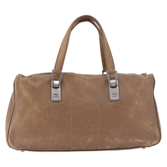 CHANEL Choco Bar Hand Bag Lamb Skin Brown Silver CC Auth 183856