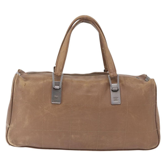 CHANEL Choco Bar Hand Bag Lamb Skin Brown Silver CC Auth 183856
