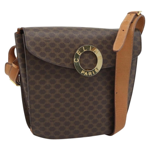 CELINE Macadam Canvas Circle Shoulder Bag PVC Leather Brown Gold Auth 183857A