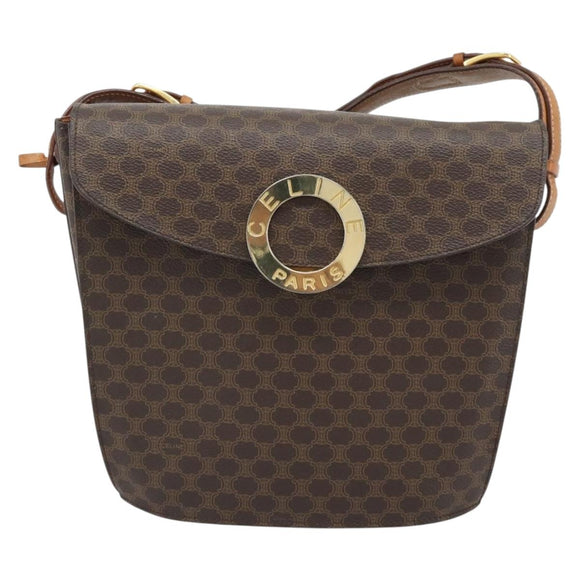 CELINE Macadam Canvas Circle Shoulder Bag PVC Leather Brown Gold Auth 183857A
