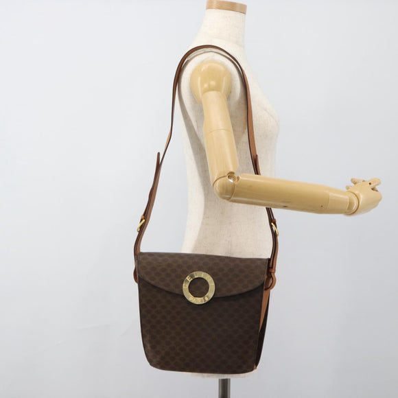 CELINE Macadam Canvas Circle Shoulder Bag PVC Leather Brown Gold Auth 183857A