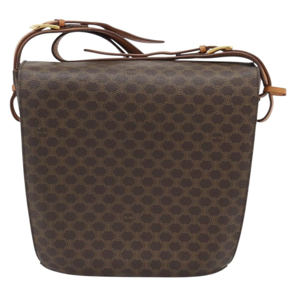 CELINE Macadam Canvas Circle Shoulder Bag PVC Leather Brown Gold Auth 183857A