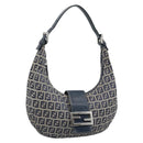 FENDI Zucchino Canvas Mamma Baguette Hand Bag Navy Silver Auth 183859V-1