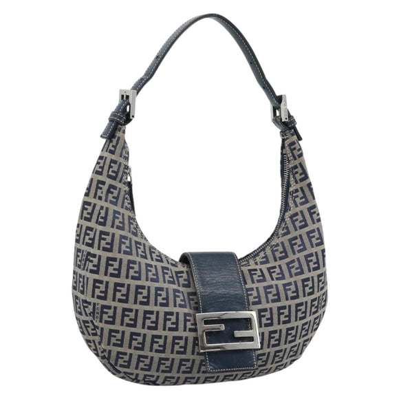 FENDI Zucchino Canvas Mamma Baguette Hand Bag Navy Silver Auth 183859V