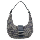 FENDI Zucchino Canvas Mamma Baguette Hand Bag Navy Silver Auth 183859V-13