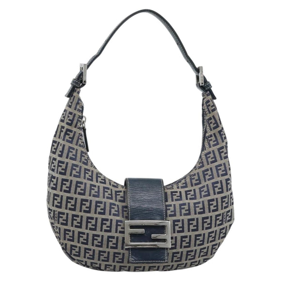 FENDI Zucchino Canvas Mamma Baguette Hand Bag Navy Silver Auth 183859V