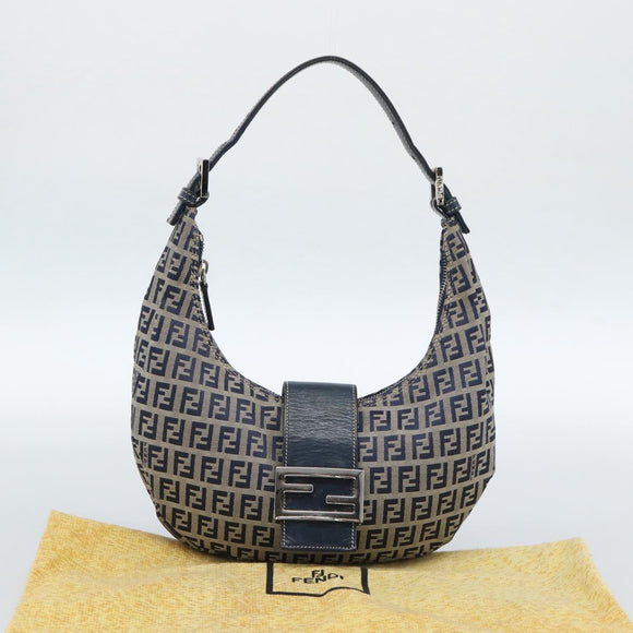 FENDI Zucchino Canvas Mamma Baguette Hand Bag Navy Silver Auth 183859V