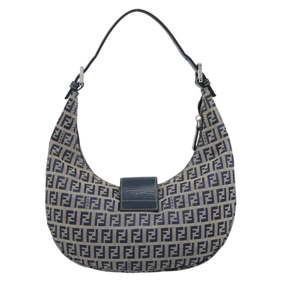 FENDI Zucchino Canvas Mamma Baguette Hand Bag Navy Silver Auth 183859V